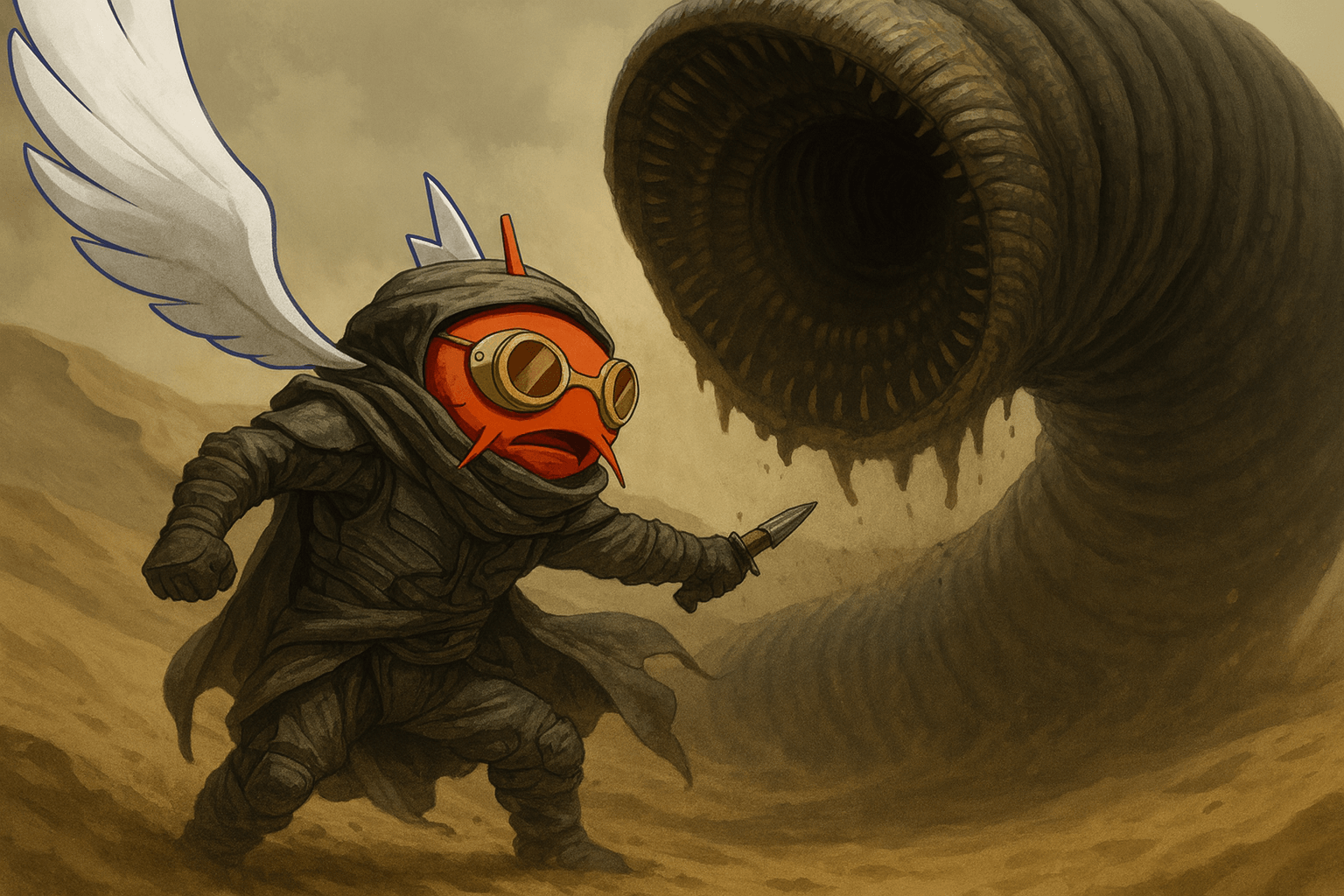 Original image from blog post, showing a Koi dressed as Fremen fighting a sandworm in Dune