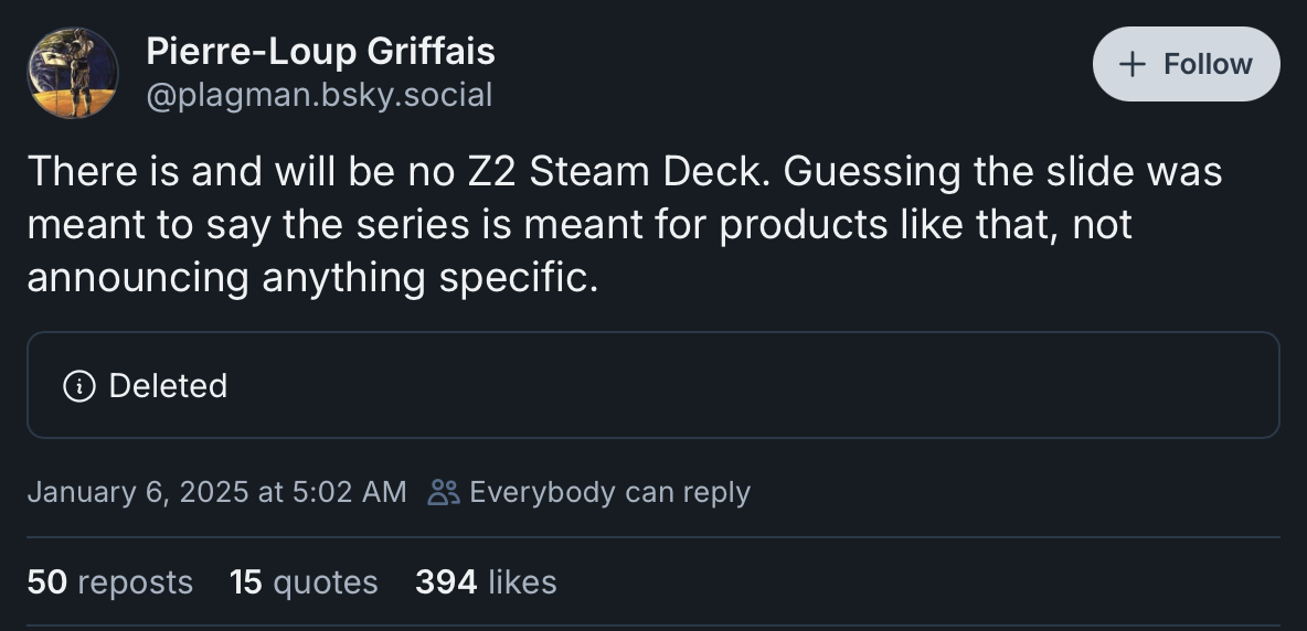 Bluesky post from Valve employee saying that there will be no Z2 Steam Deck