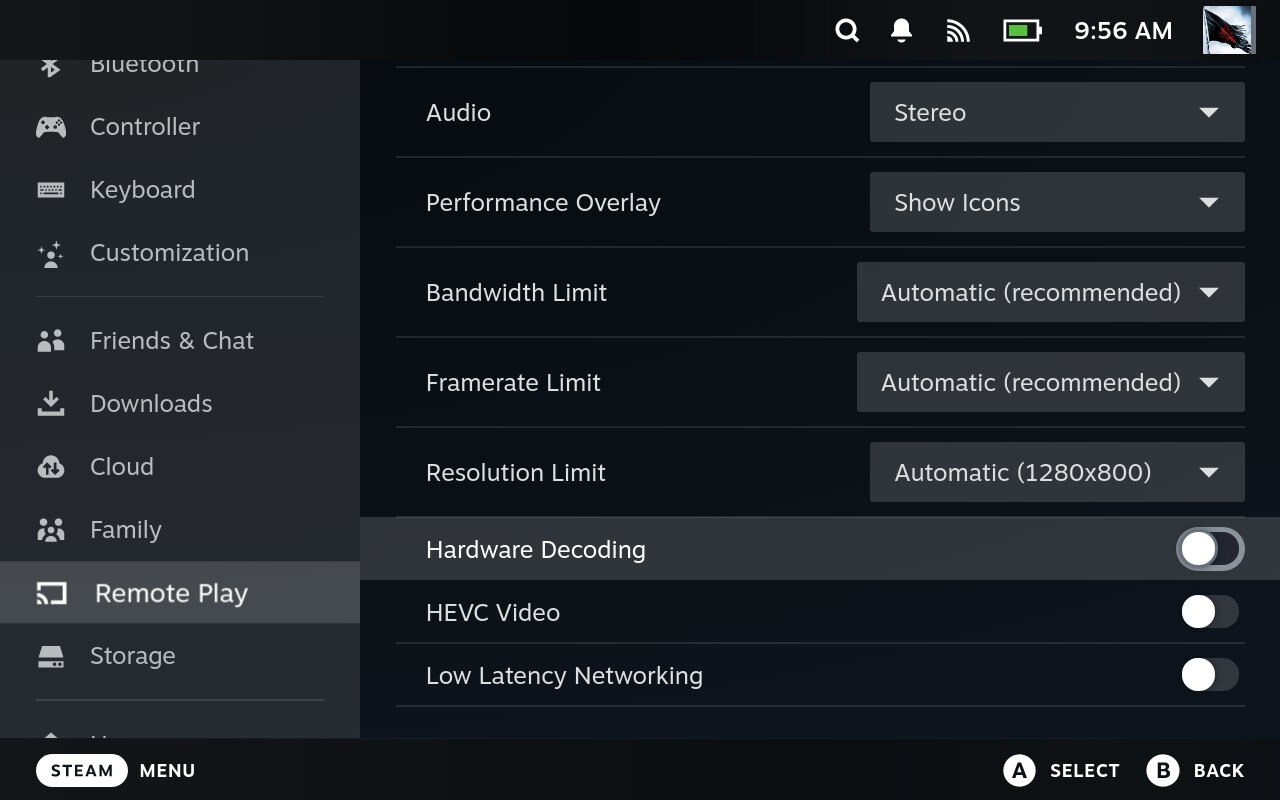 Screenshot dhowing Remote Play Hardware Decoding Settings Disabled