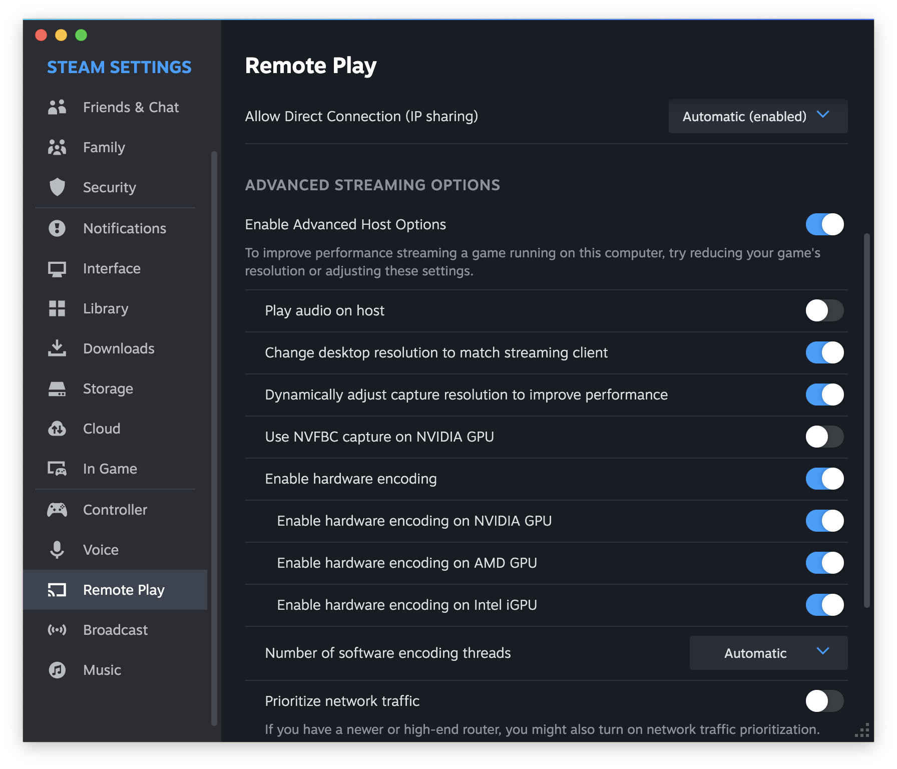 Screeshot showing Steam Remote Play Settings for Host.